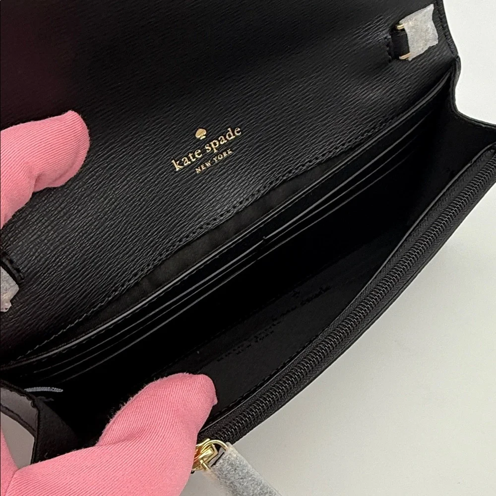 Kate Spade Phoebe Refined Grain Leather Turnlock Wallet On A Chain Black Gold